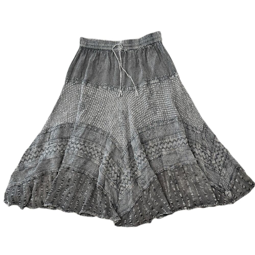 Women's Grey Midi Boho Skirt with Elastic Waist